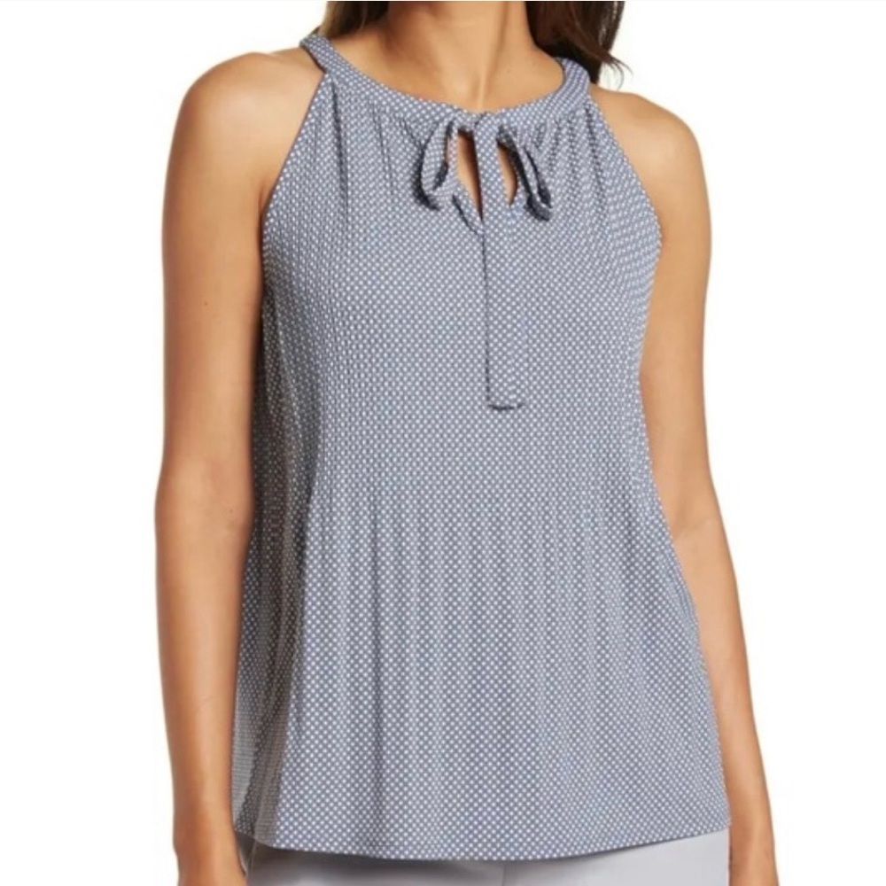 NWT ADRIANNA PAPELL PLEATED HALTER TIE‎ NECK TOP SZ S IN DUSTY BLUE POLKA DOT